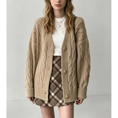 Long Sleeve V-Neck Plain Cable Knit Cardigan