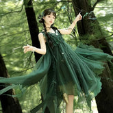 Set: Spaghetti Strap Leaf Accent Bow Asymmetrical Midi A-Line Dress + Choker