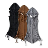 Sleeveless Henley Plain Hooded Drawstring Romper