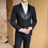 Set: Shawl Collar Plain Double Breasted Blazer + Mid Rise Plain Wide Leg Dress Pants
