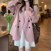 Plain Double-Breasted Blazer / Spaghetti Strap Tiered Mini A-Line Dress