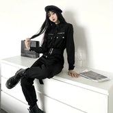 Long-Sleeve Collared Plain Zipped Half-Buttoned Straight Leg Cargo Jumpsuit