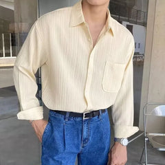 Long-Sleeve Plain Crinkle Button-Up Shirt