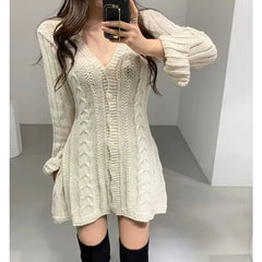 Long-Sleeve V-Neck Plain Cable Knit Button-Up Mini A-Line Dress