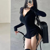 Long-Sleeve Plain Hooded Drawstring Romper