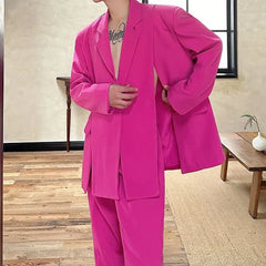 Set: Notch Lapel Plain Buttoned Slit Blazer + Mid Rise Wide Leg Dress Pants