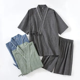 Pajama Set: Elbow-Sleeve Contrast Trim Kimono Top + Shorts