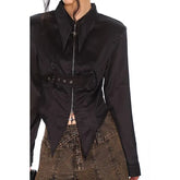 Long-Sleeve Plain Asymmetrical Belted Zip Slim Fit Shirt