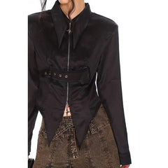 Long-Sleeve Plain Asymmetrical Belted Zip Slim Fit Shirt