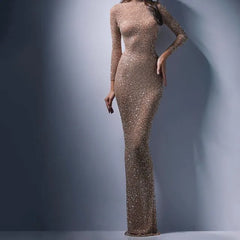 Long-Sleeve Glitter Maxi Sheath Dress
