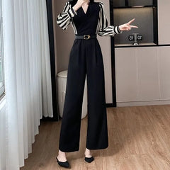 Long-Sleeve V-Neck Striped Panel Wide Leg Jumpsuit