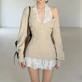 Halter V-Neck Lace Mini A-Line Dress / Plain Sweater