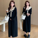 Maternity Long Sleeve Collared Two Tone Bow Midi A-Line Breastfeeding Dress