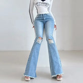 High Waist Washed Distressed Flared Jeans
