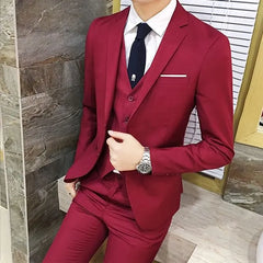 Set: Lapel Collar Plain Single Breasted Blazer + V-Neck Vest + Mid Rise Dress Pants