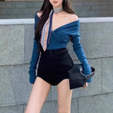 Long Sleeve V-Neck Plain Ribbed Knit Wrap Top / High Waist Plain Shorts / Neckerchief