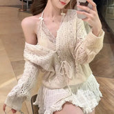 Halter V-Neck Plain Bow Lace Top / V-Neck Pointelle Cardigan