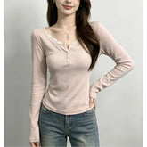 Long-Sleeve Henley Plain Lace Trim Tee