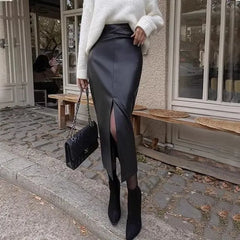 High Rise Faux Leather Slit Midi Pencil Skirt