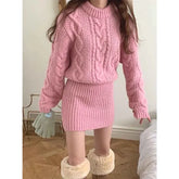 Round Neck Plain Cable Knit Mini Sheath Sweater Dress