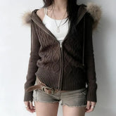 Long Sleeve Plain Cable-Knit Fluffy Hooded Zip-Up Cardigan