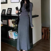 Long Sleeve Crew Neck Plain Henley Bodycon Maxi Dress