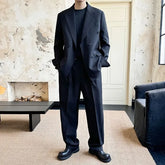 Lapel Collar Plain Double Breasted Blazer / Mid Rise Plain Wide Leg Pants