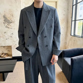 Lapel Collar Pinstriped Double Breasted Blazer / Mid Rise Wide Leg Dress Pants