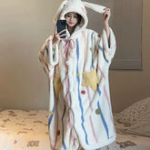 Striped Dotted Hood Pom Pom Coral Fleece Button Robe