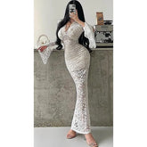Bell Sleeve V-Neck Plain Lace Maxi Sheath Dress