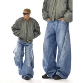 Mid Rise Washed Distressed Panel Wide Leg Jeans