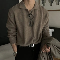 Long-Sleeve Plain Knit Polo Shirt