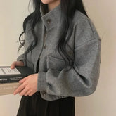 Stand Collar Single-Breasted Woolen Croped Jacket