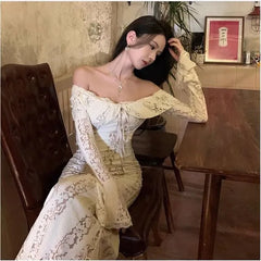 Long Sleeve Off Shoulder Plain Tie Front Lace Maxi Sheath Dress