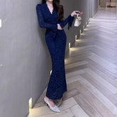 Long Sleeve V-Neck Plain Lace Maxi Sheath Dress