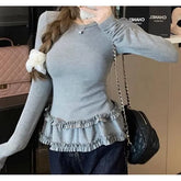 Long-Sleeve Round Neck Ruffle Trim Slim Fit T-Shirt