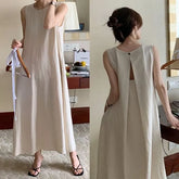 Sleeveless Plain Cut-Out Loose-Fit Midi A-Line Dress