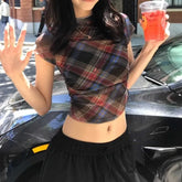 Short-Sleeve Crew Neck Plaid Crop Top