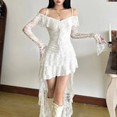 Off-Shoulder Ruffle Lace Long Sleeve High Low Dress