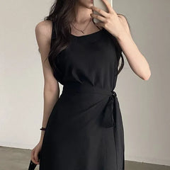 Sleeveless Round Neck Plain Tie-Waist Midi Sheath Dress