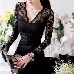 Long Sleeve V-Neck Plain Lace Mini Sheath Dress