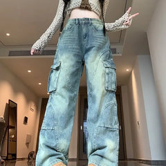 High Waist Washed Wide Leg Cargo Jeans