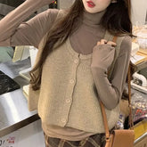 Long Sleeve Turtleneck Plain Top / Scoop Neck Plain Button Sweater Vest