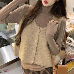 Long Sleeve Turtleneck Plain Top / Scoop Neck Plain Button Sweater Vest