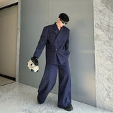 Set: Peak Lapel Striped Double-Breasted Blazer + Mid Rise Wide Leg Dress Pants