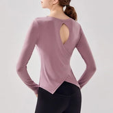 Asymmetrical Cutout Long Sleeve Round Neck Plain Sports T-Shirt