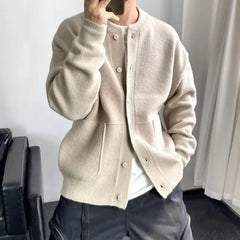 Crew Neck Button-Up Plain Cardigan