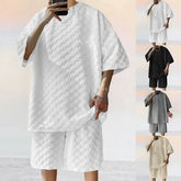 Set: 3/4-Sleeve Crew Neck Checkerboard T-Shirt + Drawstring Waist Wide Leg Sweat Shorts