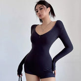 Long-Sleeve Scoop Neck Plain Slim Fit Jumpsuit
