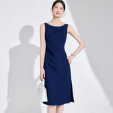 Elbow-Sleeve Peak Lapel Single-Button Blazer / Sleeveless Crew Neck Sheath Dress / Suit Pants